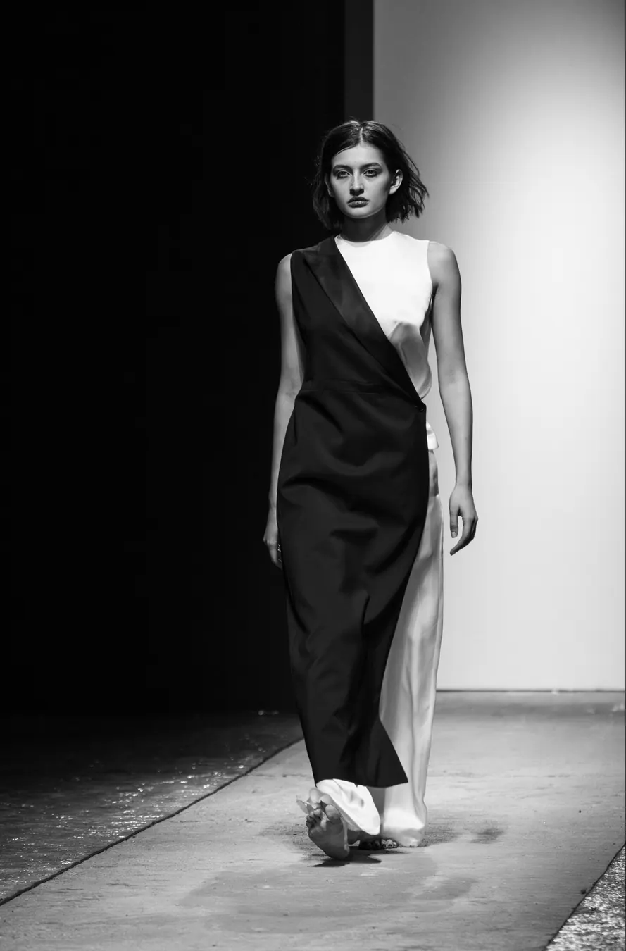 Black and white asymmetric column dress on the runway