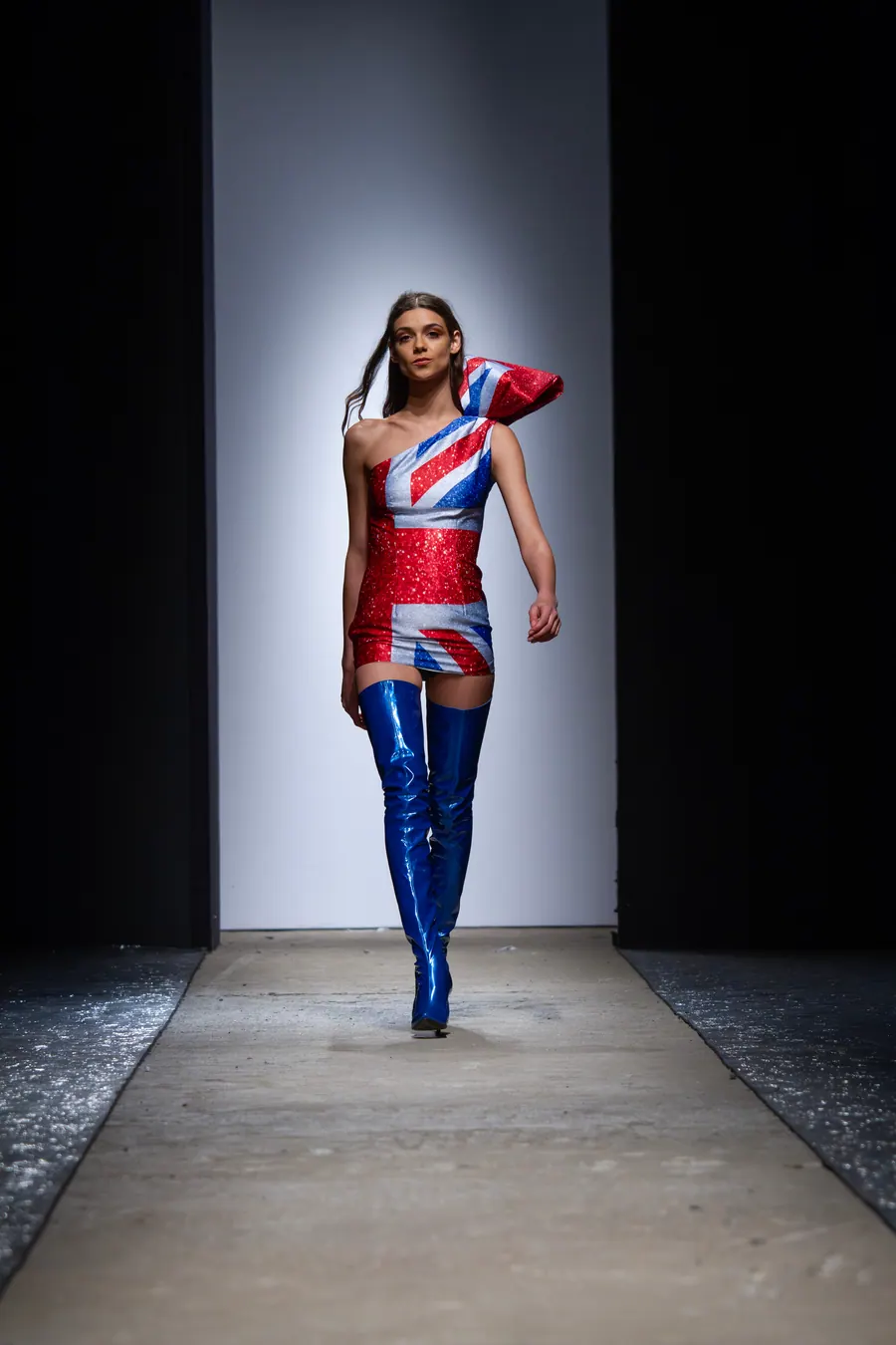 Sequinned Union Jack dress with blue thigh-high boots